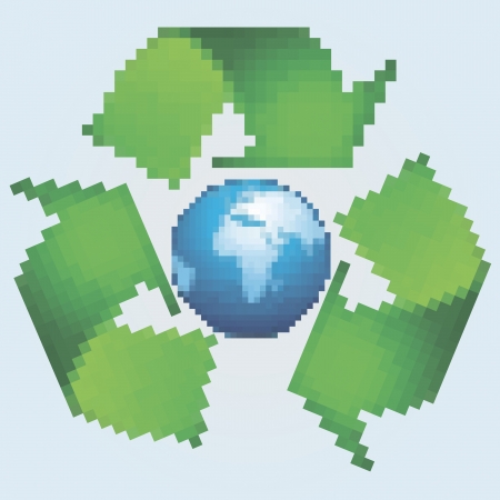 vector illustration of pixel symbol  of recycling symbol and Earthのイラスト素材