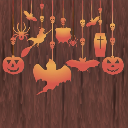 Vector illustration of Halloween decorations on wooden backgroundのイラスト素材