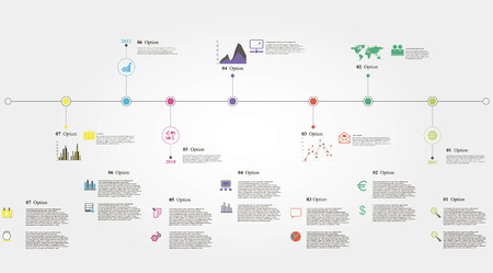 Vector illustration of timeline info graphics with 21 icons, 1 world map and 3 different kinds of diagram  Altogether file contains 14 groups of  elements, which can be ungrouped, combined or recolored のイラスト素材