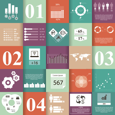 Set of infographic elements, which can be useful at any work  Infographics includes 13 icons, 1 world map, 6 text sections, 6 different kinds of diagrams,  8 infographic elements for data in numbers のイラスト素材