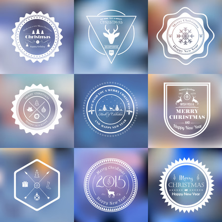 Vector set of 9 Christmas badges set on blurred backgroundのイラスト素材