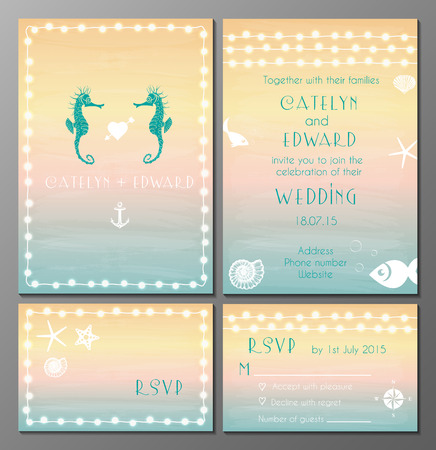 Vector illustration of marine style wedding invitation and rsvp cardsのイラスト素材