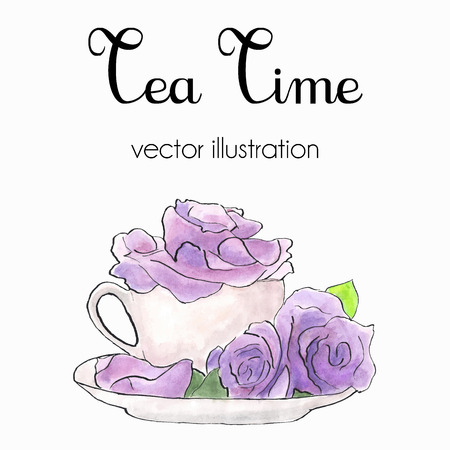 Vector  illustration of violet roses in a cup made in watercolor and ink in shabby chic style. Tea time cardのイラスト素材
