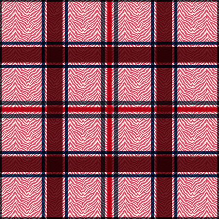 Wild animal skin print and geometric checks combination. Zebra skin and overlaid deconstructed tartan seamless pattern. Abstract grid design.のイラスト素材
