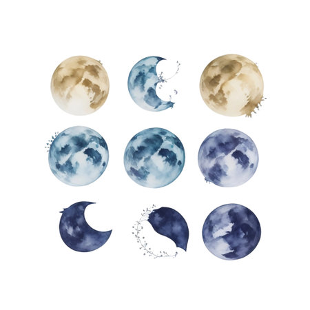 Watercolor planets and moon phases isolated on white backgroundの素材