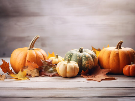Festive thanksgiving decor of pumpkins, berries and leaves on wooden background with copy space for textの素材
