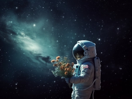 Astronaut in outer space with a bouquet of flowers. AI generatedの素材