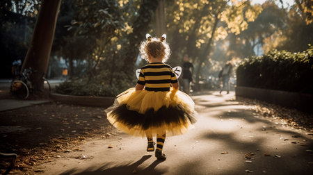 Little girl dressed in a bumblebee halloween costume in the street, golden hour, ai generatedの素材