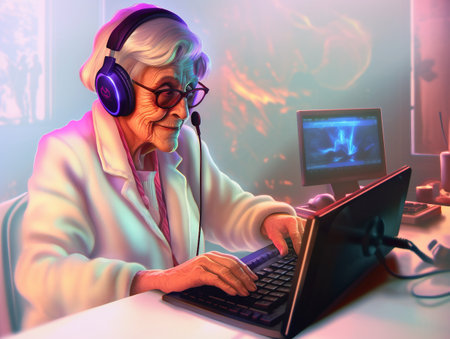Elderly senior gray haired lady working on a laptop, IT support, AI generativeの素材