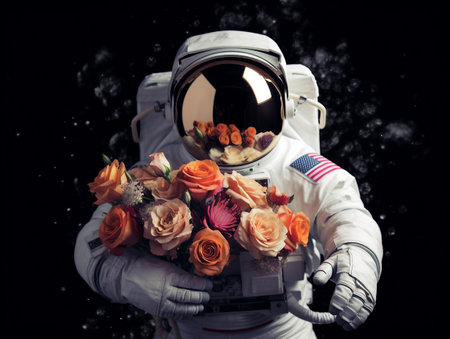 Astronaut in outer space with a bouquet of flowers. AI generatedの素材
