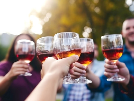 Group of friends clinking glasses with red and white wine on summer partyの素材