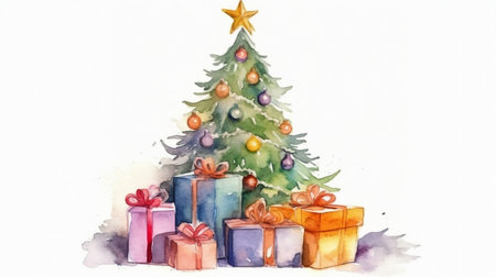 Watercolor chrsitmas tree with gifts on white background, AI generatedの素材