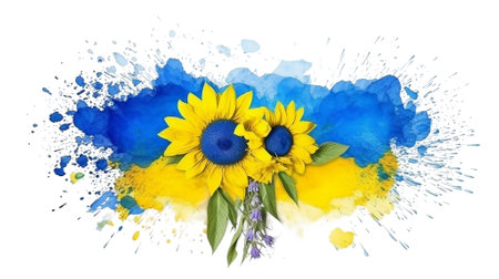 Watercolor sunflower with splashes of water, in colors of Ukraine - blue and yellow, independence symbolの素材