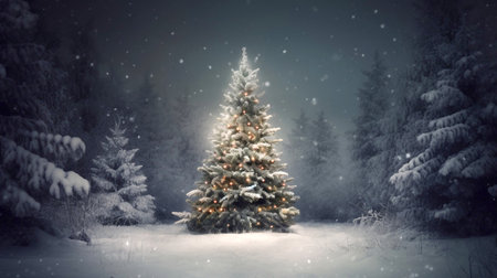 Illuminated and decorated christmas tree in a winter forest on Christmas eve, ai generatedの素材