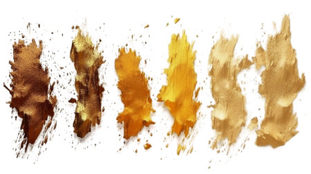 Creative brushstrokes of gold paint isolated on a white background. gold paint texture.の素材