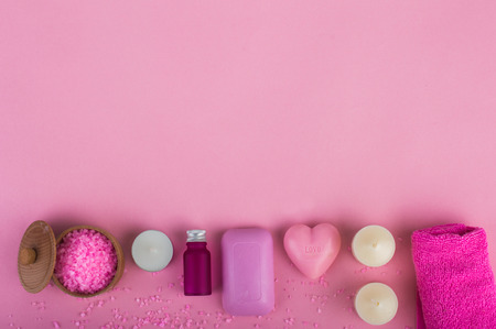 Pink spa set. On a pink background.の写真素材