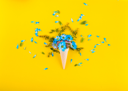 Waffle cone ice cream out of the blue, pink and yellow flowers. With blue petals and green leaves. On a yellow background. Top view. Flat lay.の写真素材