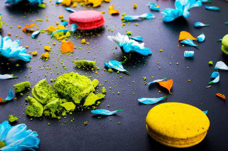 Crushed green, pink, yellow macaroon. Blue flowers and blue and orange petals. On a black background. Macro. Close upの写真素材