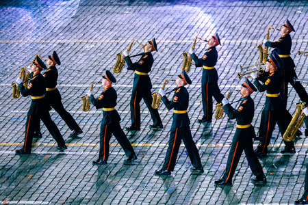 MOSCOW, RUSSIA - AUGUST 26, 2016: Spasskaya Tower internationa military music festival.The Band of the Moscow Military Music College from Russia at the Red Squareのeditorial素材