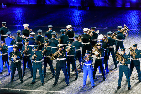 MOSCOW, RUSSIA - AUGUST 26, 2016: Spasskaya Tower international military music festival. The Greek Hellenic Military Massed Band at the Red Squareのeditorial素材