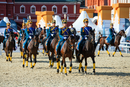 MOSCOW, RUSSIA - SEPTEMBER 02, 2016: Spasskaya Tower international military music festival. The Cavalry Escort of the Presidential Regiment of Russiaのeditorial素材
