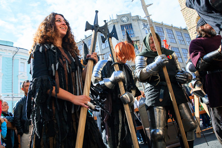 MOSCOW, RUSSIA - SEPTEMBER 10, 2016: Moscow City Day, 869 anniversary of the city. Performance on Tverskaya Street. Installation dedicated to the "Night watch" cinema.のeditorial素材