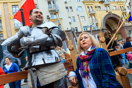 MOSCOW, RUSSIA - SEPTEMBER 10, 2016: Moscow City Day, 869 anniversary of the city. Performance on Tverskaya Street. Installation dedicated to the "Night watch" cinema.のeditorial素材