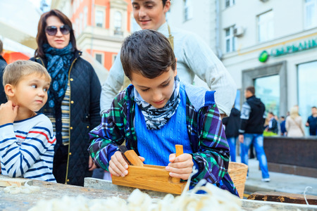 MOSCOW, RUSSIA - SEPTEMBER 10, 2016: Moscow City Day, 869 anniversary of the city. Performance on Tverskaya Street. Installation dedicated to the "Swineherd and the shepherd" cinema.のeditorial素材