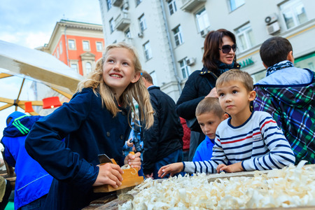 MOSCOW, RUSSIA - SEPTEMBER 10, 2016: Moscow City Day, 869 anniversary of the city. Performance on Tverskaya Street. Installation dedicated to the "Swineherd and the shepherd" cinema.のeditorial素材
