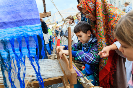 MOSCOW, RUSSIA - SEPTEMBER 10, 2016: Moscow City Day, 869 anniversary of the city. Performance on Tverskaya Street. Installation dedicated to the "Swineherd and the shepherd" cinema.のeditorial素材