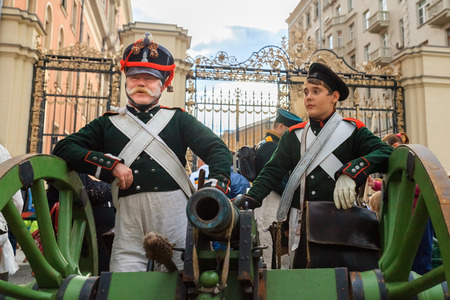 MOSCOW, RUSSIA - SEPTEMBER 10, 2016: Moscow City Day, 869 anniversary of the city. Performance on Tverskaya Street. Installation dedicated to the "World and war" cinema.のeditorial素材