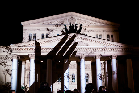 MOSCOW, RUSSIA - SEPTEMBER 24, 2016: The Circle of Light Moscow international festival. State Academic Bolshoi Theatre of Opera and Ballet illuminated for free open air perfomance.のeditorial素材