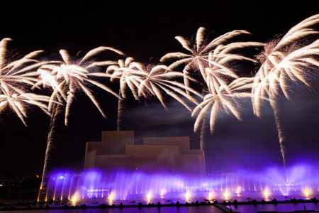 MOSCOW, RUSSIA - SEPTEMBER 25, 2016: The Circle of Light Moscow international festival 2016. Music, fire, light and fireworks show at the Krylatskoye Grebnoy Channel, free open air performance.のeditorial素材