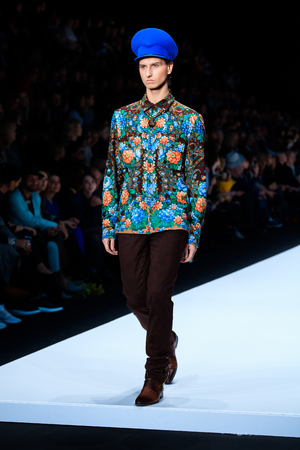 MOSCOW, RUSSIA - OCTOBER 13, 2016: Model walk runway for Slava Zaitsev catwalk at Spring-summer 2017 Mercedes- Benz Fashion Week Russia.のeditorial素材