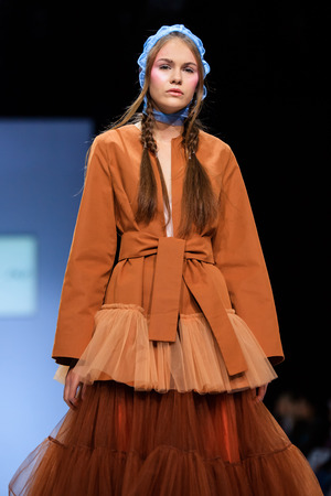 MOSCOW, RUSSIA - OCTOBER 19, 2016: Model walk runway for SO NUMBER ONE catwalk at Spring-summer 2017 Moscow Fashion Week.のeditorial素材