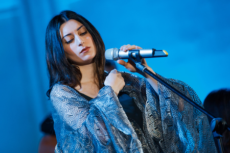 MOSCOW, RUSSIA - JANUARY 27, 2017: R&B soul band GAYANA performing live at the St. Andrews Anglican Church on January 27, 2017 in Moscow, Russia. Acoustic perfomance with the string quartet, piano and the great scenic light.のeditorial素材