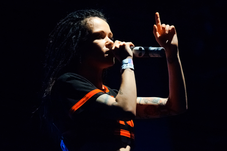 MOSCOW, RUSSIA - FEBRUARY 25, 2017: Russian alternative nu-metal rapcore band SLOT performing live at Yotaspace club on February 05, 2017 in Moscow, Russia. The 15th anniversary of the group's founding.のeditorial素材