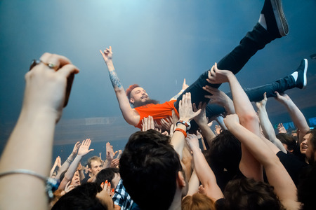 MOSCOW, RUSSIA - FEBRUARY 25, 2017: Russian alternative nu-metal rapcore band SLOT performing live at Yotaspace club on February 05, 2017 in Moscow, Russia. The 15th anniversary of the group's founding.のeditorial素材