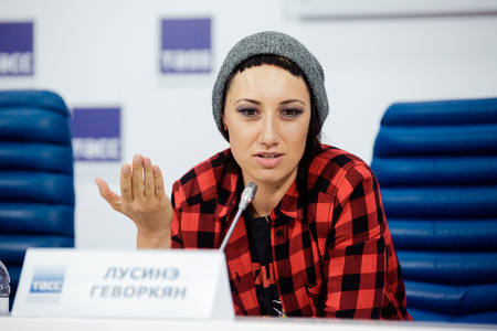 MOSCOW, RUSSIA - FEBRUARY 28, 2017: LOUNA band press-conference at TASS Russian news agency on February 28, 2017 in Moscow, Russia. Singer Lusine Gevorkyan.のeditorial素材