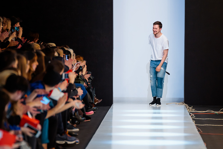 MOSCOW, RUSSIA - MARCH 15, 2017: Model walk runway for SAINT-TOKYO catwalk at Fall-Winter 2017-2018 at Mercedes-Benz Fashion Week Russia.のeditorial素材
