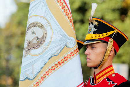 MOSCOW, RUSSIA - SEPTEMBER 02, 2017: Day of the Russian Guard. The Honor Guard of the 154 Preobrazhensky Regiment in the historical form of the Life Guards. Preobrazhenskaya Square, Moscow.のeditorial素材