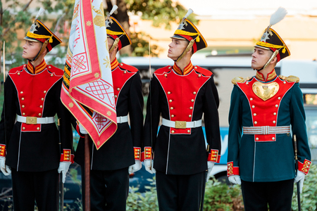 MOSCOW, RUSSIA - SEPTEMBER 02, 2017: Day of the Russian Guard. The Honor Guard of the 154 Preobrazhensky Regiment in the historical form of the Life Guards. Preobrazhenskaya Square, Moscow.のeditorial素材