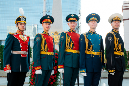 MOSCOW, RUSSIA - SEPTEMBER 02, 2017: Day of the Russian Guard. The Honor Guard of the 154 Preobrazhensky Regiment in the uniform of different kinds of troops. Preobrazhenskaya Square, Moscow.のeditorial素材
