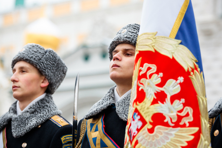 MOSCOW, RUSSIA - DECEMBER 09, 2017: Group of the banner-bearers (color guard) of the Presidential Regiment of the Service of Moscow Kremlinâs Commandant of the Federal Guard Service of the Russian Federation. Winter view.
Cathedral Square, Kremlin, Moscのeditorial素材