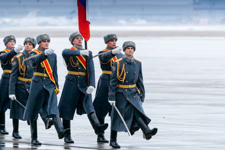 MOSCOW, RUSSIA - DECEMBER 03, 2019: March-past (parade) of The Honor Guard of the 154 Preobrazhensky Regiment at an  official meeting of the Prime Minister of Mongolia Ukhnaagiin KhÃ¼relsÃ¼kh at Vnukovo airport during a state visit to the Russian Federatiのeditorial素材