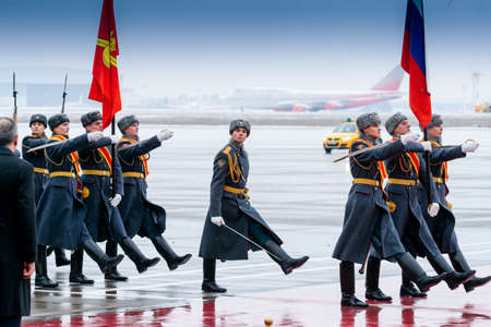 MOSCOW, RUSSIA - DECEMBER 03, 2019: March-past (parade) of The Honor Guard of the 154 Preobrazhensky Regiment at an  official meeting of the Prime Minister of Mongolia Ukhnaagiin KhÃ¼relsÃ¼kh at Vnukovo airport during a state visit to the Russian Federatiのeditorial素材