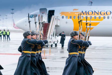 MOSCOW, RUSSIA - DECEMBER 03, 2019: March-past (parade) of The Honor Guard of the 154 Preobrazhensky Regiment at an  official meeting of the Prime Minister of Mongolia Ukhnaagiin KhÃ¼relsÃ¼kh at Vnukovo airport during a state visit to the Russian Federatiのeditorial素材