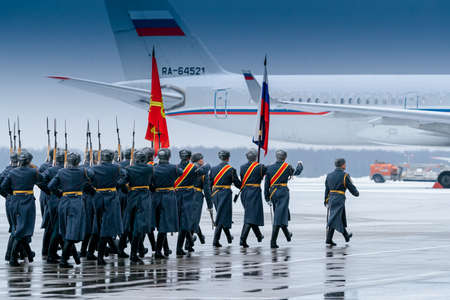 MOSCOW, RUSSIA - DECEMBER 03, 2019: March-past (parade) of The Honor Guard of the 154 Preobrazhensky Regiment at an  official meeting of the Prime Minister of Mongolia Ukhnaagiin KhÃ¼relsÃ¼kh at Vnukovo airport during a state visit to the Russian Federatiのeditorial素材