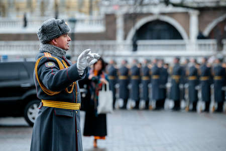 MOSCOW, RUSSIA - MAY 08, 2017: The Military Exemplary Band of the Honor Guard at the solemn event at the Tomb of Unknown soldier and Eternal flame in Alexander garden near Kremlin wallのeditorial素材