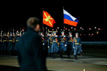 MOSCOW, RUSSIA - DECEMBER 06, 2019: The Honor guard company provides an official send-off ceremony of the Prime Minister of Mongolia Ukhnaagiin Khurelsukh at Vnukovo airport during a state visit to the Russian Federationのeditorial素材